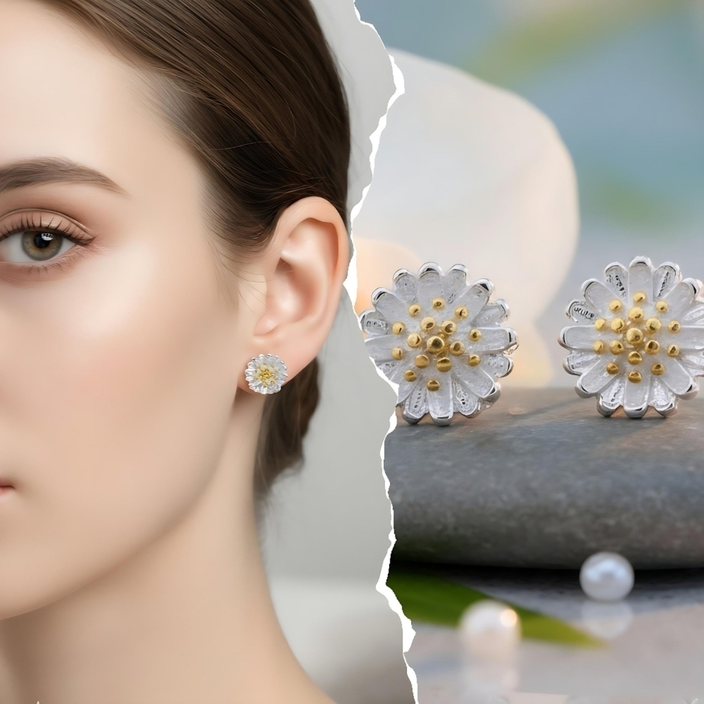 Solid S925 Sterling Silver Daisy Delights Dainty Minimalist Stud Earrings